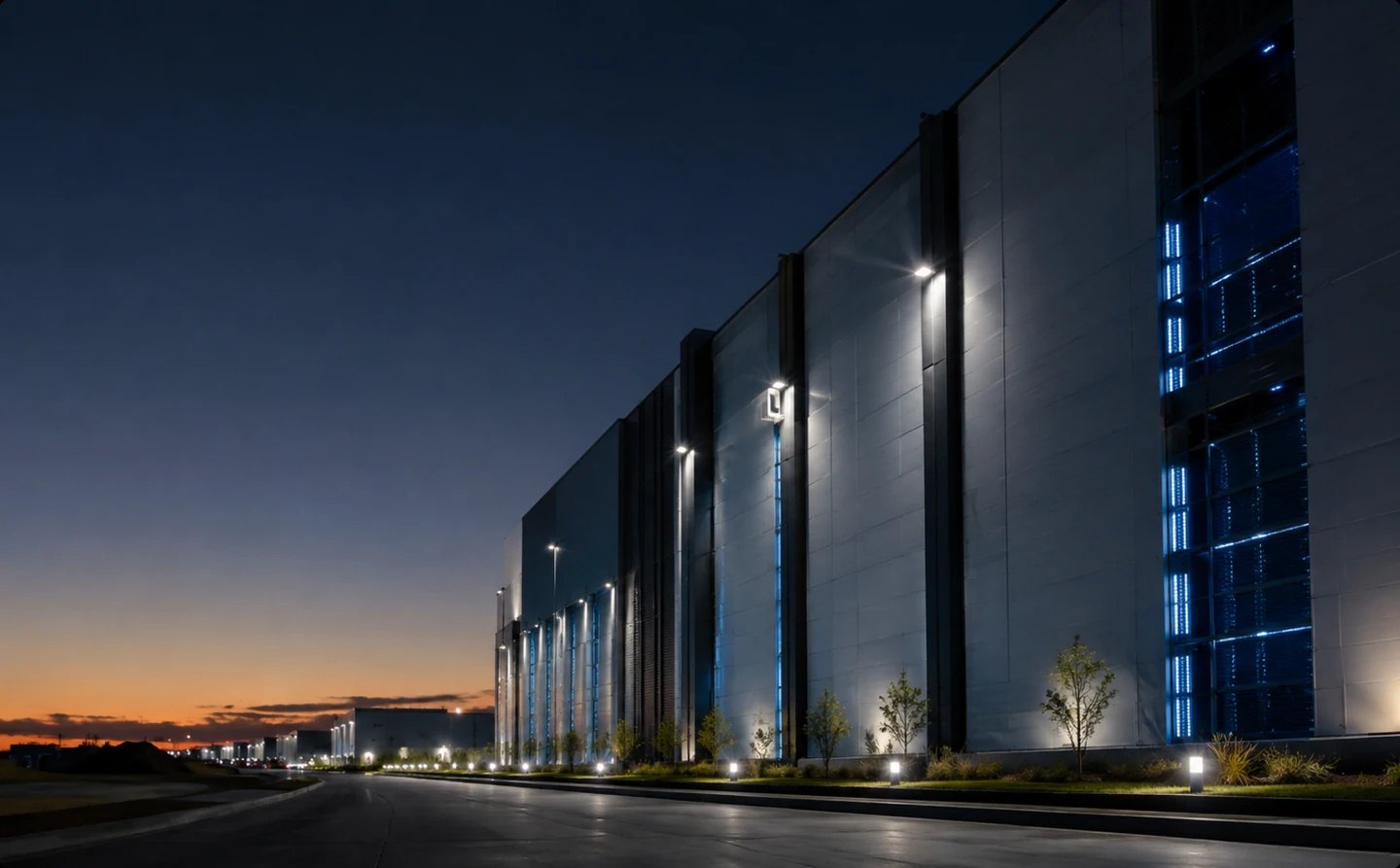 A CosmicGen data center at dusk